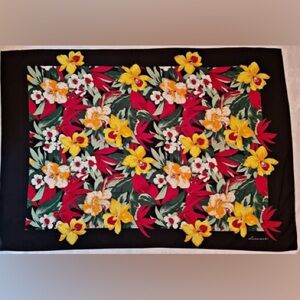 Leonardi vintage‎ silky floral scarf black tropical botanical yellow red print